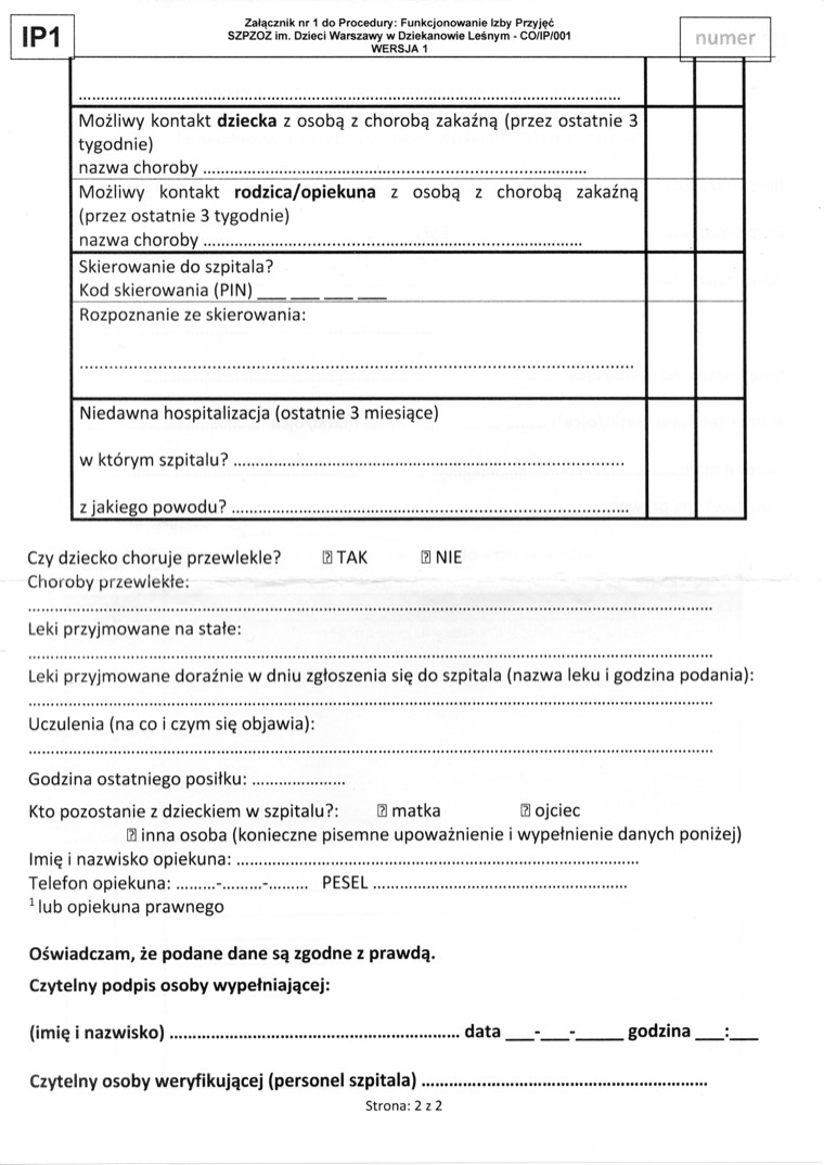 Ankieta IP1 dla pacjenta zgłaszającego się do Izby Przyjęć w trybie nagłym, strona 2