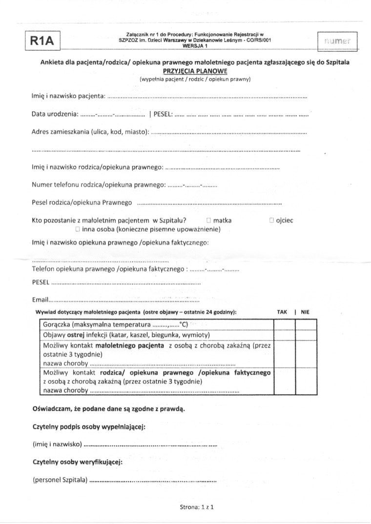 Ankieta R1A dla pacjenta zgłaszającego się na przyjęcie planowe